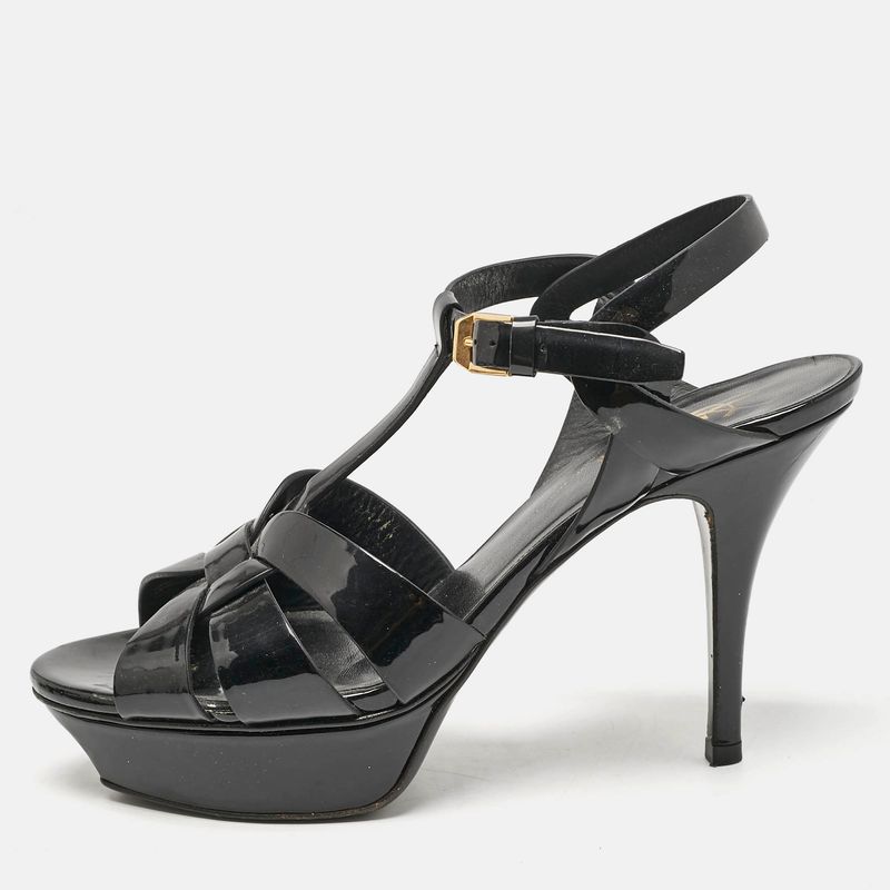 Saint Laurent Paris Tribute Size 38 Black Patent Leather Platform Sandals